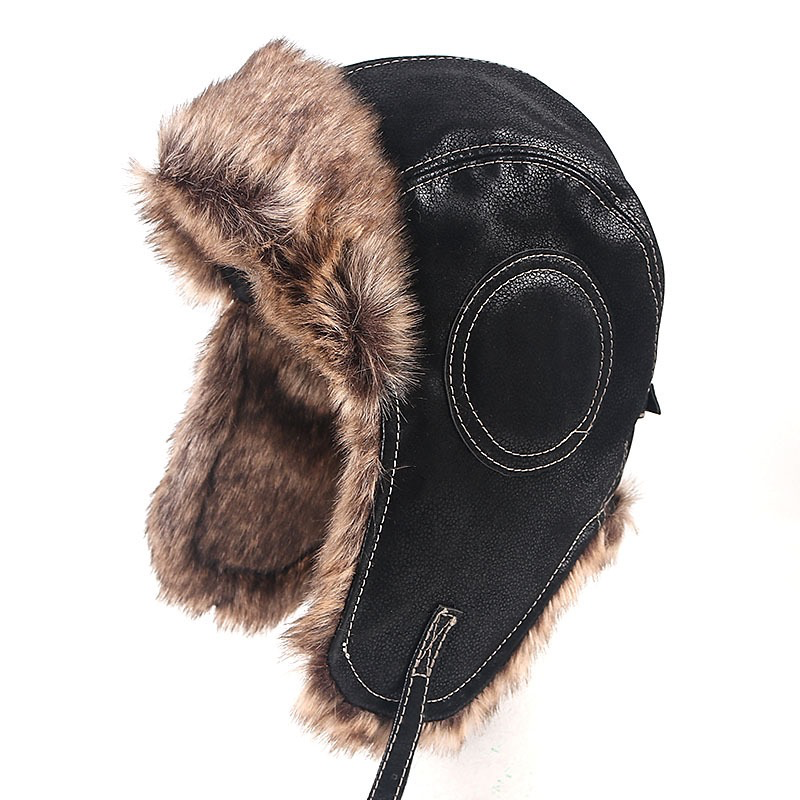 European PU Leather Mao Hat - Warm Winter Hat with Ear Flaps for Men's Skiing & Outdoor Use