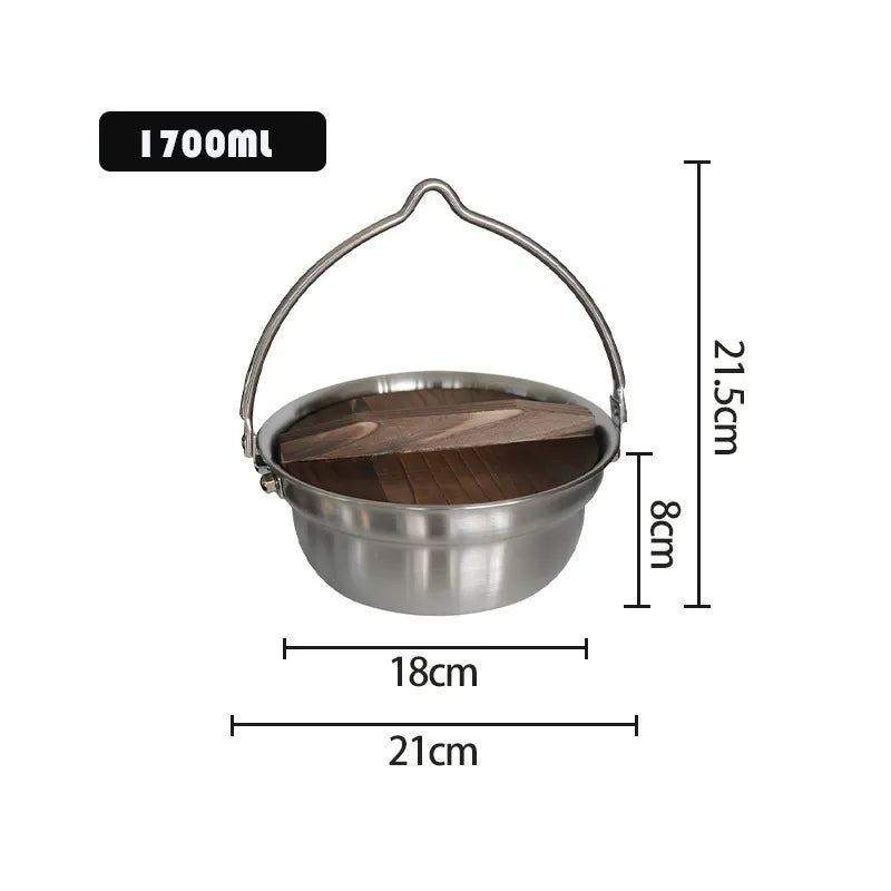 Outdoor Camping Portable 304 Stainless Steel Camping Pot Campfire Hanging Pot Cooking Pot Wood Lid Portable Pot