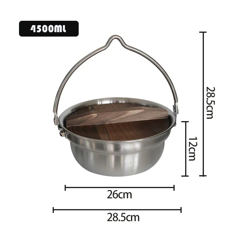 Outdoor Camping Portable 304 Stainless Steel Camping Pot Campfire Hanging Pot Cooking Pot Wood Lid Portable Pot