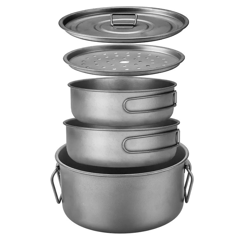 Pure Titanium Outdoor Cookset Frying Pan Camping Cooking Utensil Set Foldable Lightweight Portable Soup Pot Cooking Set